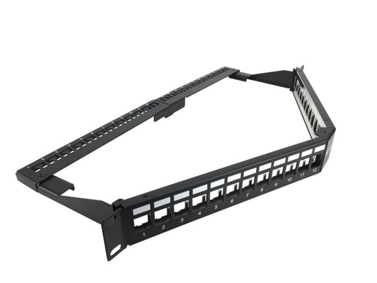 Nexxt Solutions Infrastructure Nexxt Solutions Infrastructure - Patch panel - Cold-rolled steel - Black with silver extrusion - Angled Mod SH 24P 1U PCGPSMO1U24ANBK