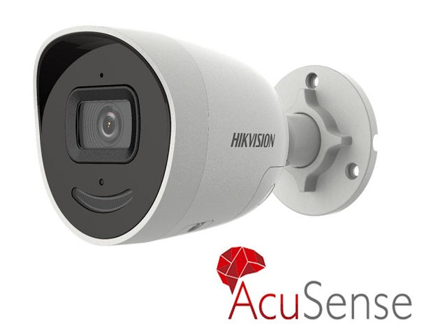 Hikvision Hikvision 4MP Cámara de red mini bala fija AcuSense con luz estroboscópica y alarma audible - Audio bidireccional - 4 MP - Exterior - H.265+ - Focal fijo de 2.8 mm - 2688 × 1520 - WDR de 120 dB - IP67 DS-2CD2046G2-IU/SL