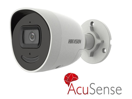 Hikvision Hikvision 4MP Cámara de red mini bala fija AcuSense con luz estroboscópica y alarma audible - Audio bidireccional - 4 MP - Exterior - H.265+ - Focal fijo de 2.8 mm - 2688 × 1520 - WDR de 120 dB - IP67 DS-2CD2046G2-IU/SL