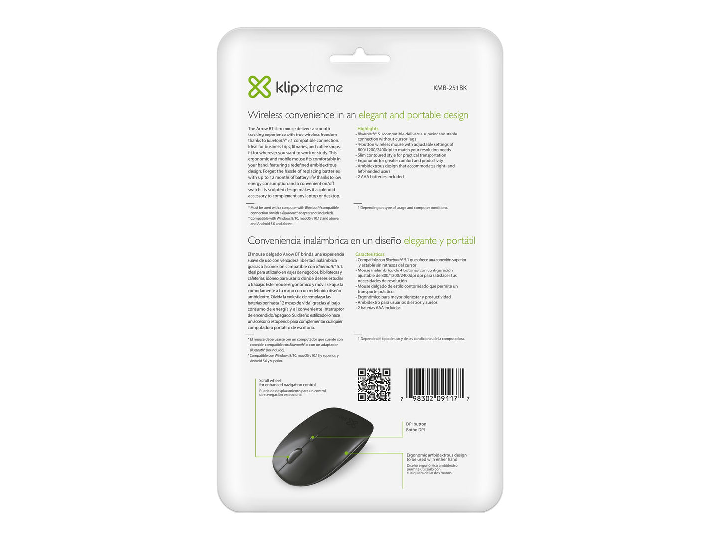 Klip Xtreme Klip Xtreme Arrow BT KMB-251BK - Ratón - diestro y zurdo - óptico - 4 botones - inalámbrico - Bluetooth 5.1 - negro KMB-251BK