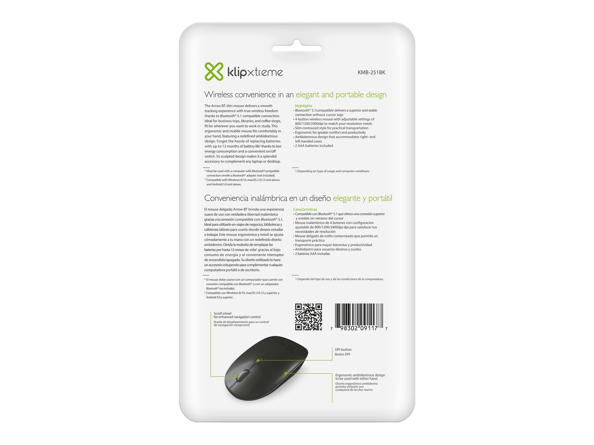 Klip Xtreme Klip Xtreme Arrow BT KMB-251BK - Ratón - diestro y zurdo - óptico - 4 botones - inalámbrico - Bluetooth 5.1 - negro KMB-251BK