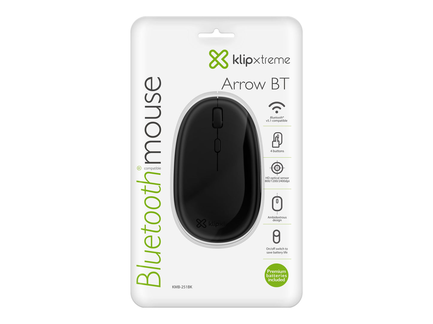 Klip Xtreme Klip Xtreme Arrow BT KMB-251BK - Ratón - diestro y zurdo - óptico - 4 botones - inalámbrico - Bluetooth 5.1 - negro KMB-251BK