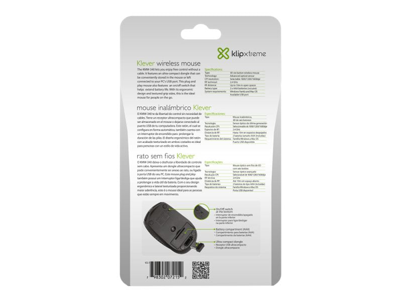 Klip Xtreme Klip Xtreme Klever KMW-340 - Ratón - óptico - 6 botones - inalámbrico - 2.4 GHz - receptor inalámbrico USB - negro KMW-340BK